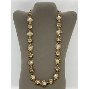 Fashion Gold Metal 34” Chain Necklace Plastic White Beads Rhinestones Estate